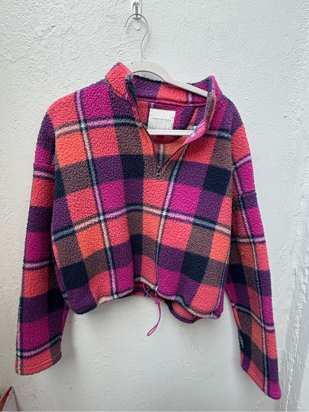 American Eagle Plaid Sherpa 1/4 Zip Cropped Fleece Pullover Size M - Picture 3 of 6
